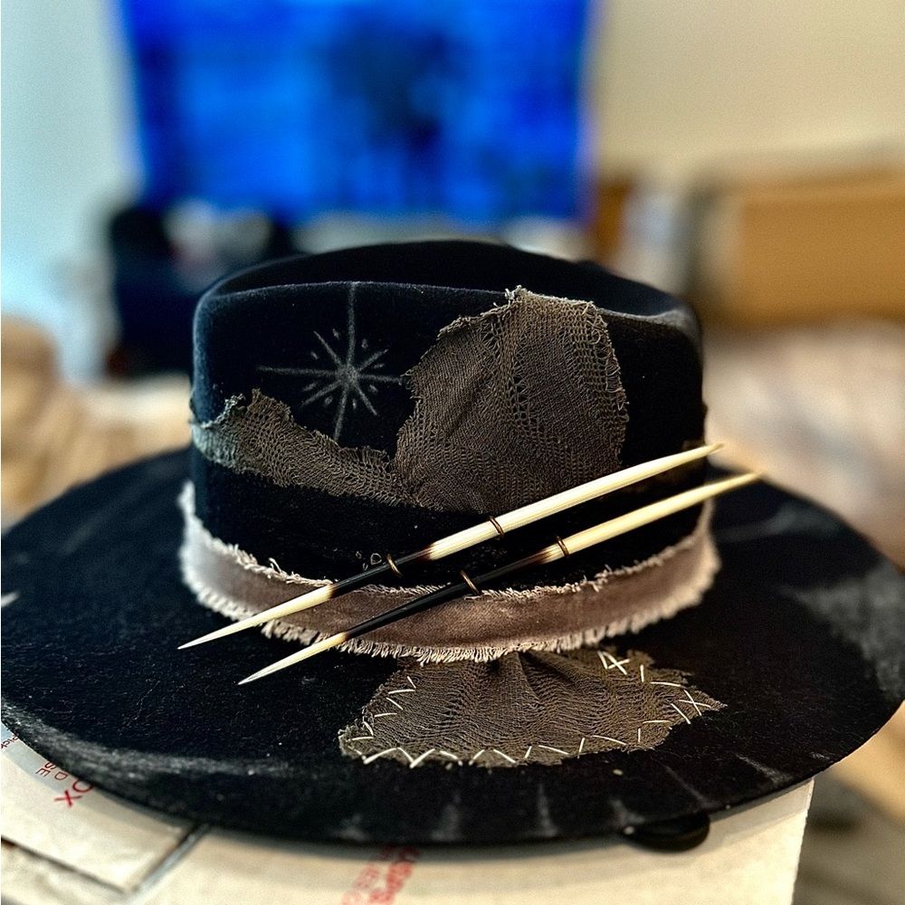His & Hers handmade custom wide brim fedora with African porcupine quills